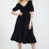 Women Batsheva | Ruffle May Dress In Crushed Velvet Black