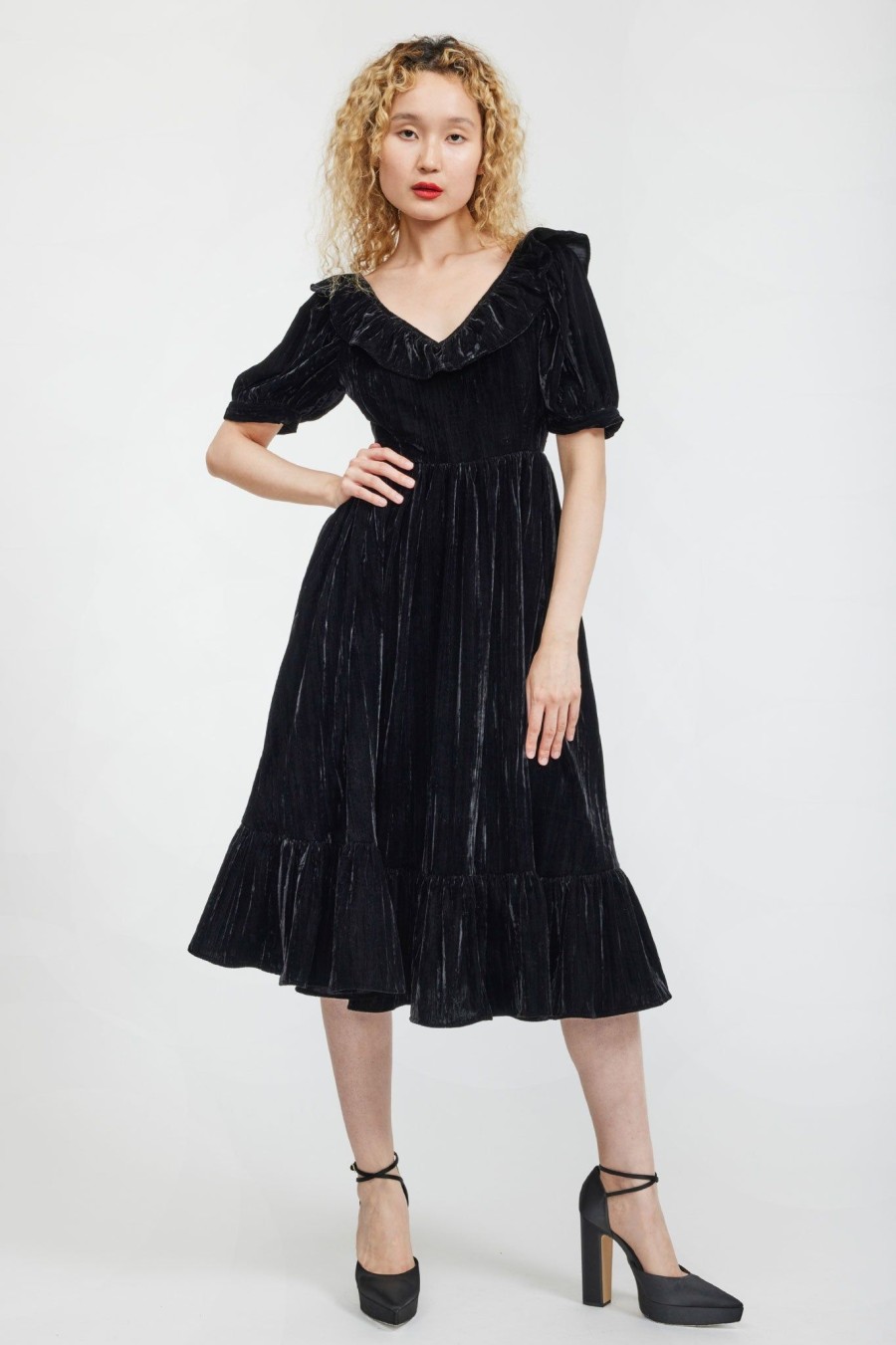 Women Batsheva | Ruffle May Dress In Crushed Velvet Black