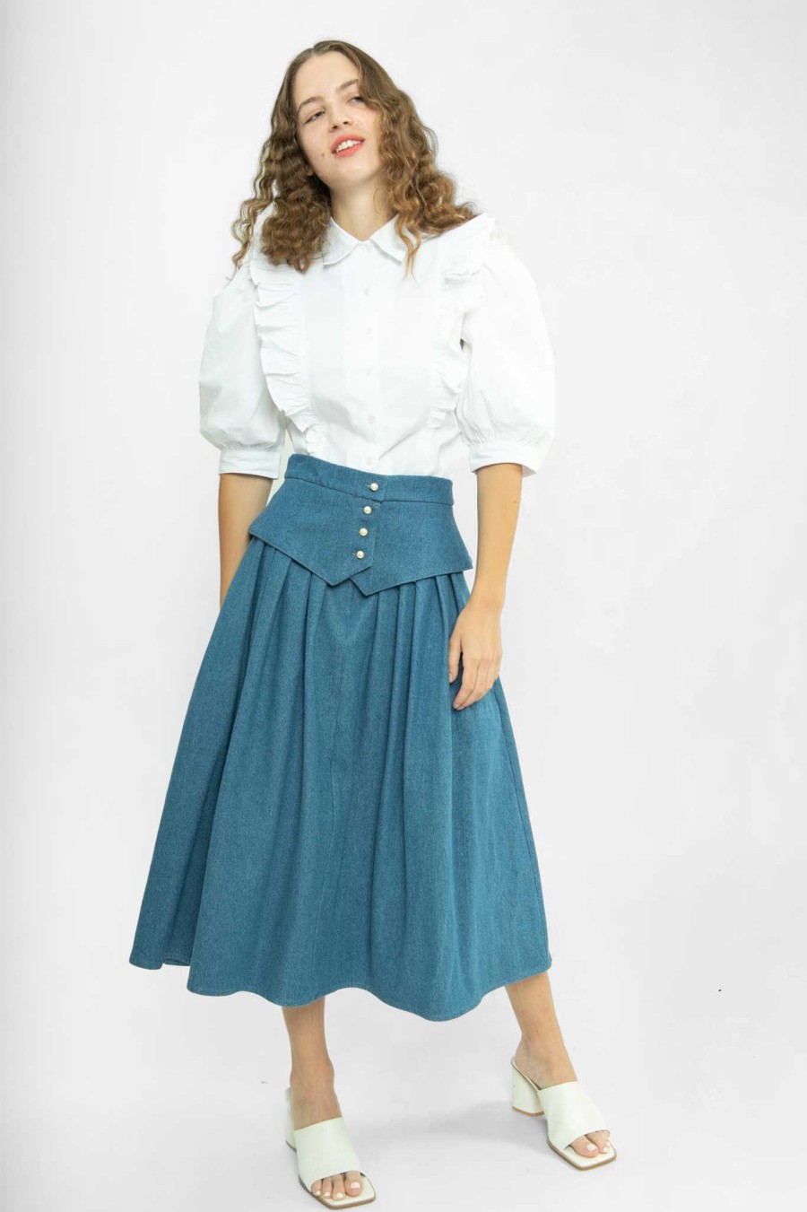 Women Batsheva | Landa Skirt In Medium Denim Blue