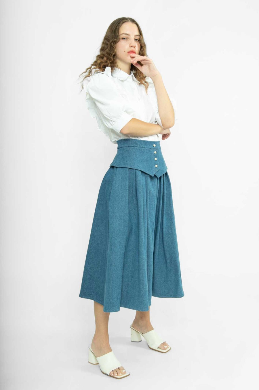 Women Batsheva | Landa Skirt In Medium Denim Blue