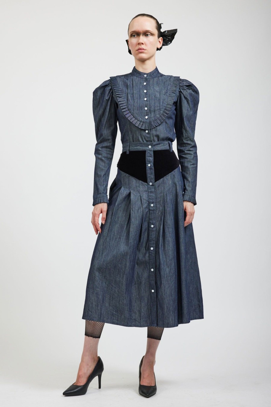 Women Batsheva | Denim Skirt With Black Velveteen Blue