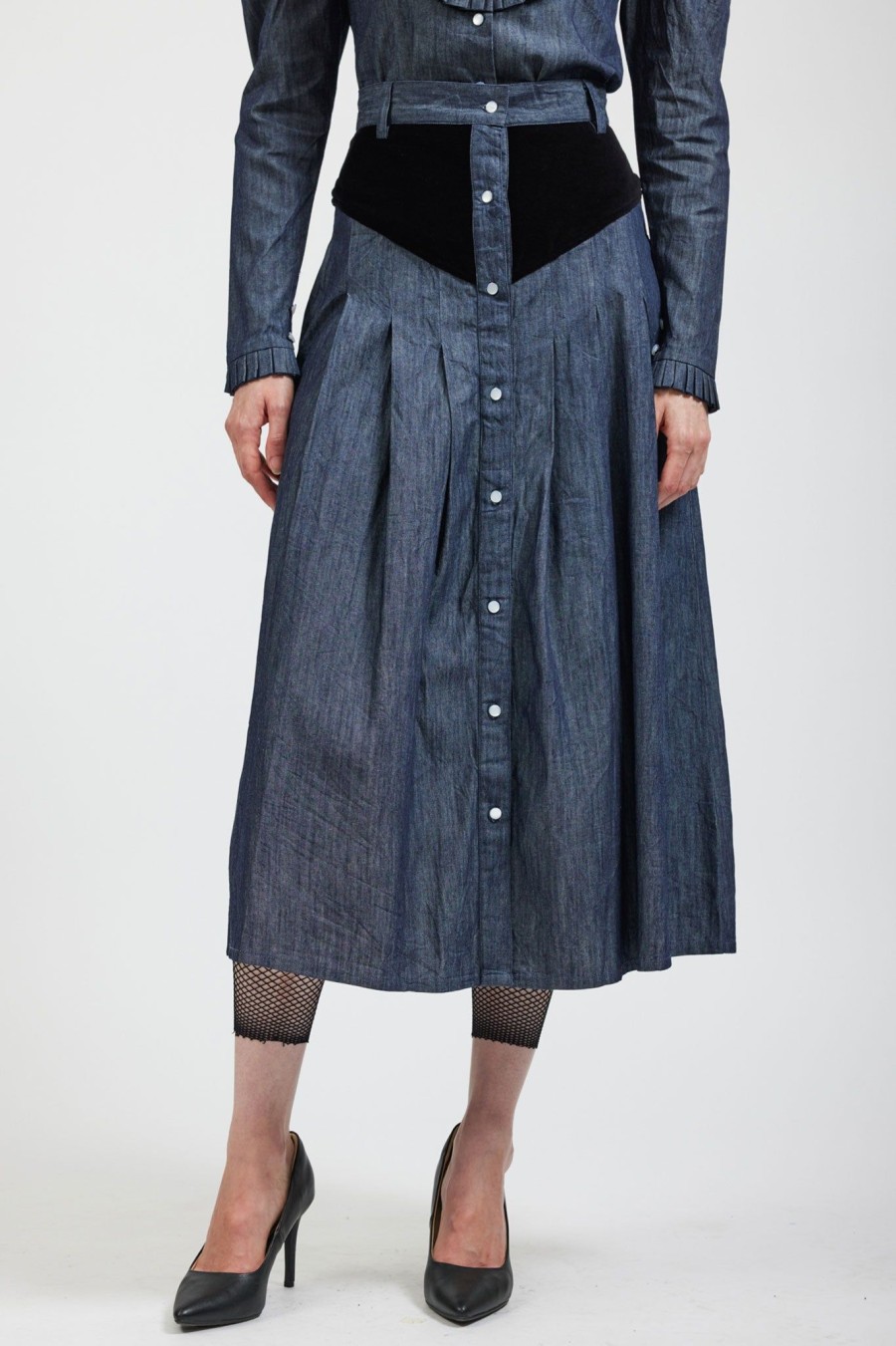 Women Batsheva | Denim Skirt With Black Velveteen Blue