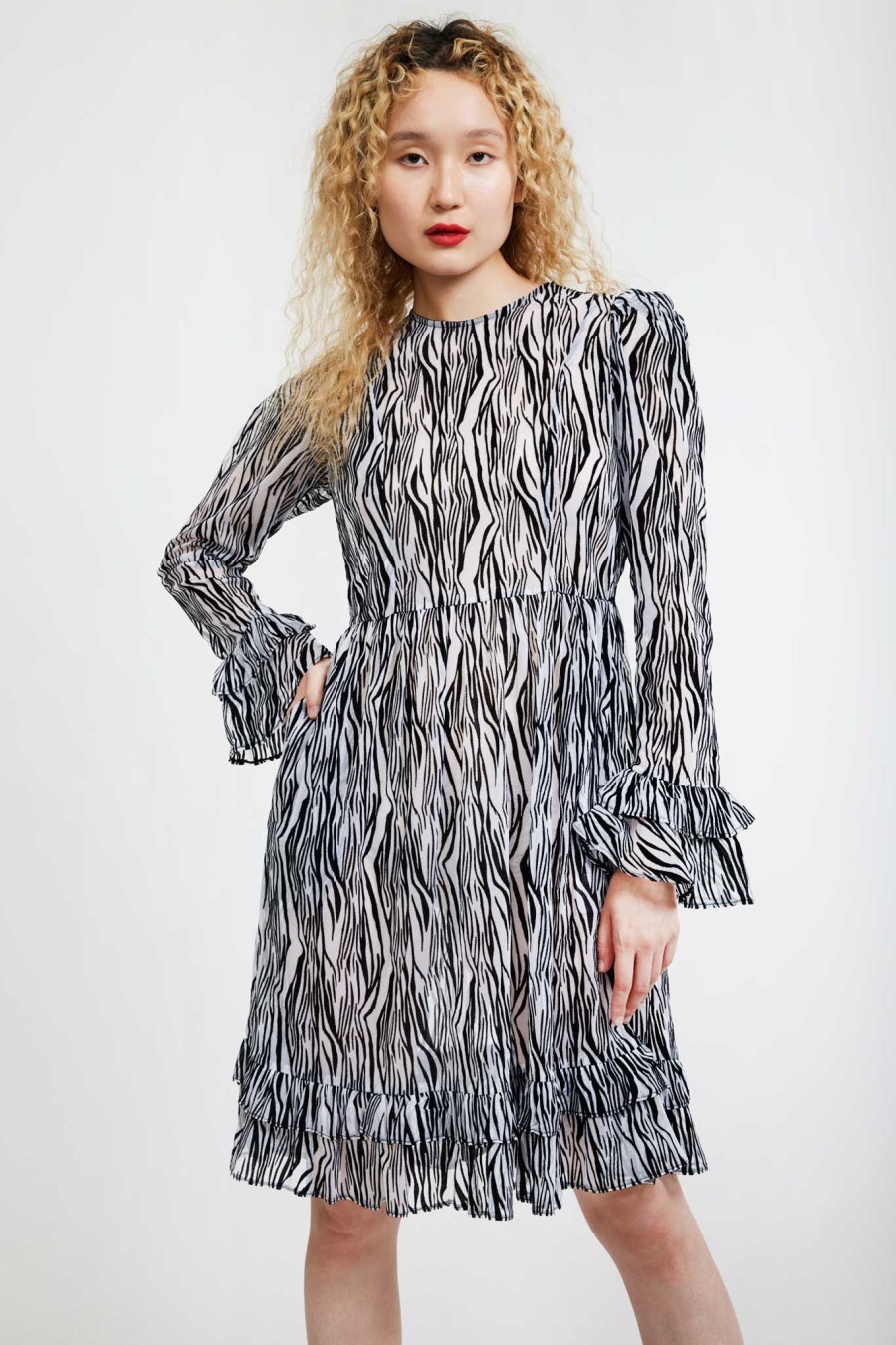 Women Batsheva | Collarless Prairie Dress In Flocked Zebra Black