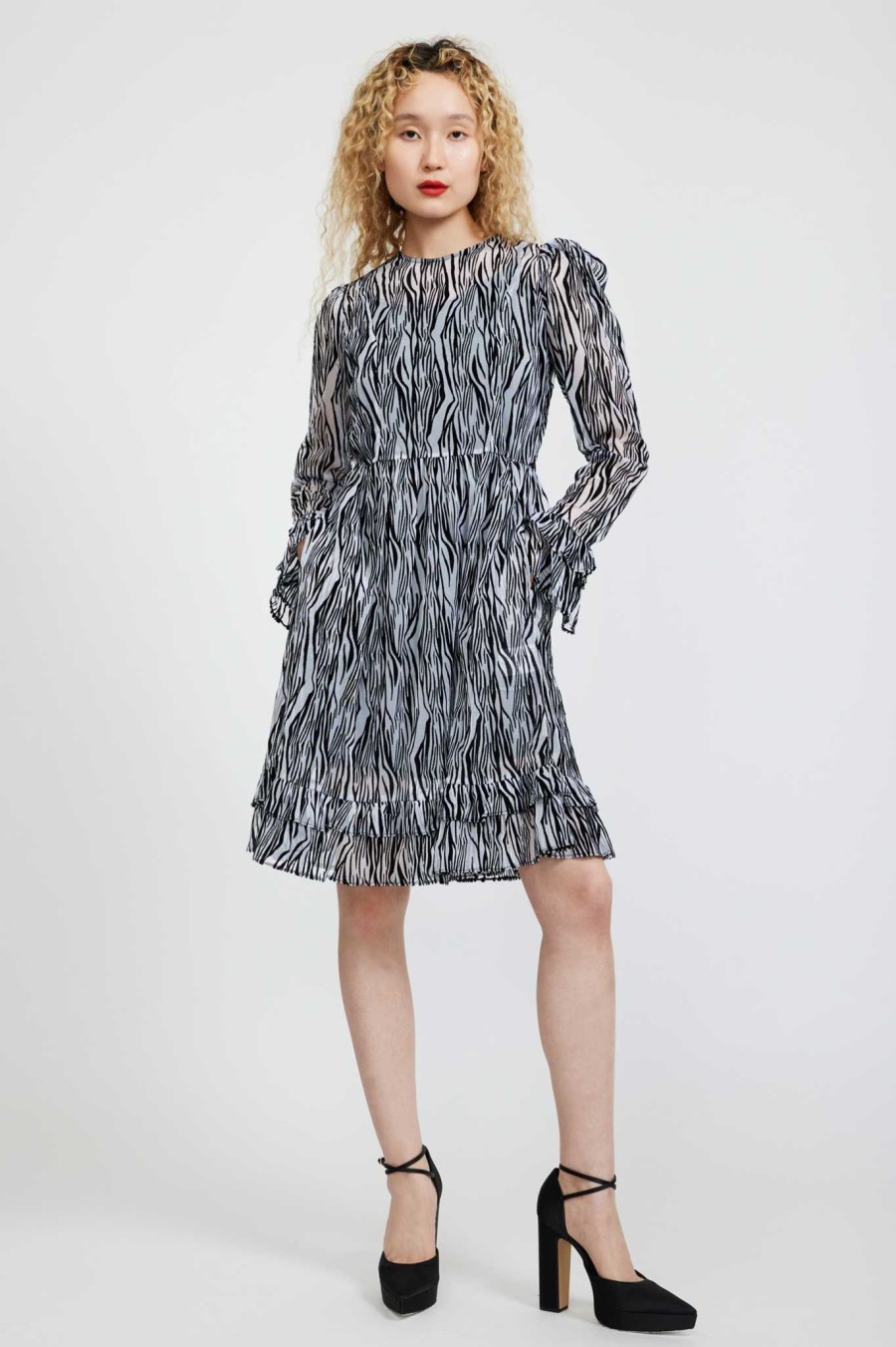 Women Batsheva | Collarless Prairie Dress In Flocked Zebra Black