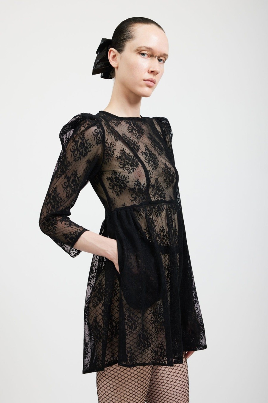 Women Batsheva | Square Neck Mini Prairie Dress In Lace Black