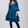 Women Batsheva | Patty Dress In Crystal Teal Taffeta Blue