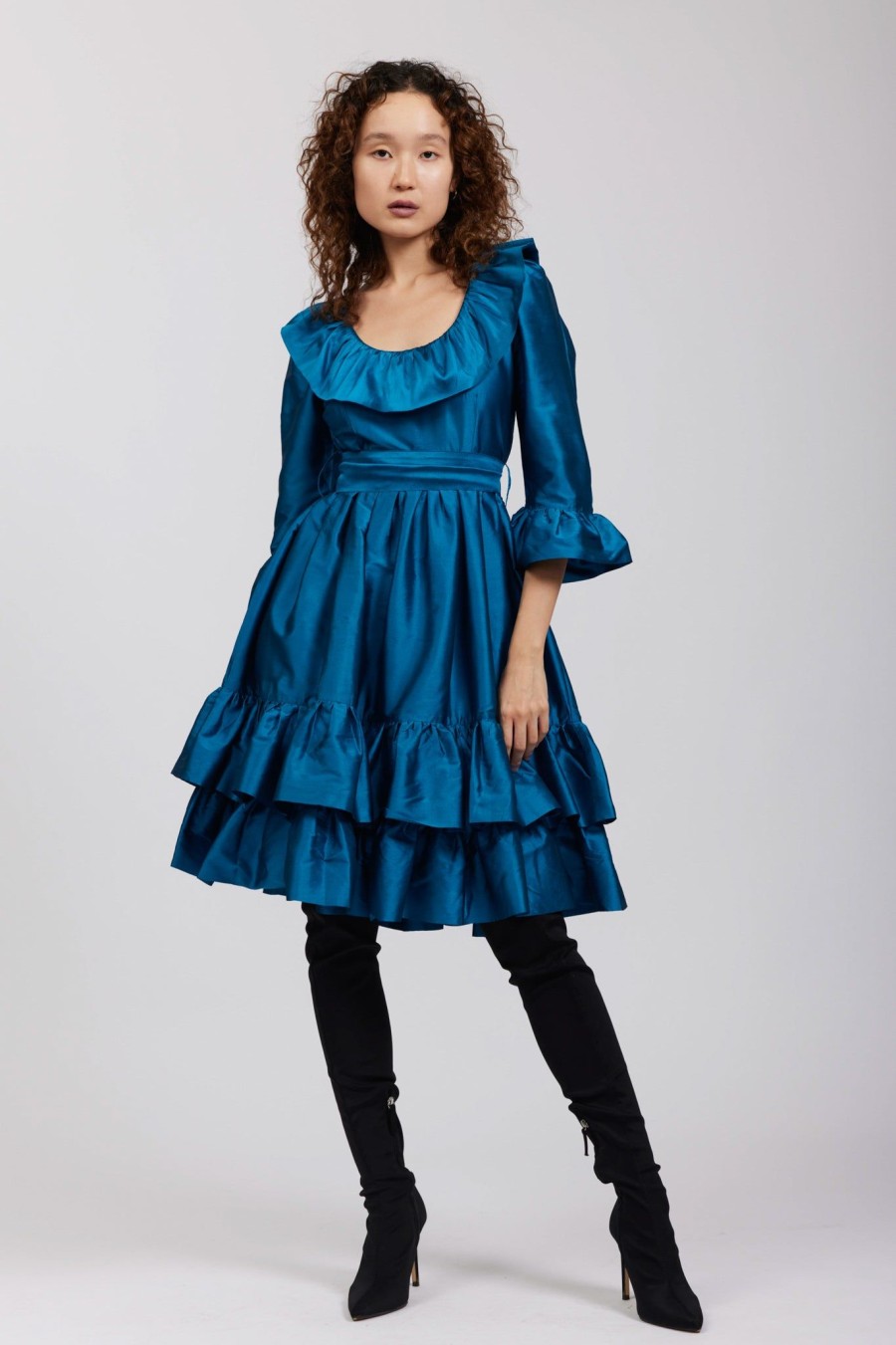 Women Batsheva | Patty Dress In Crystal Teal Taffeta Blue