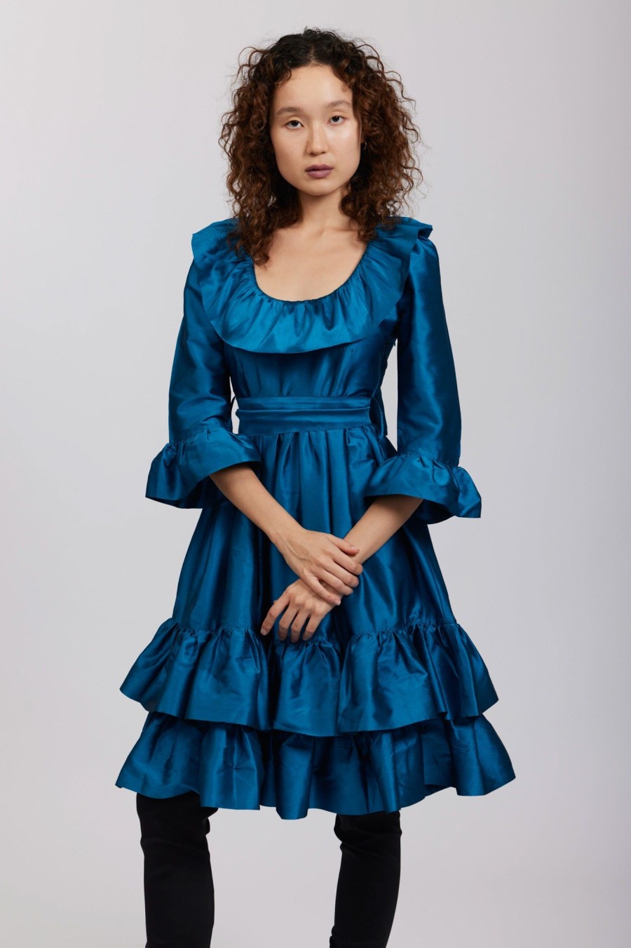 Women Batsheva | Patty Dress In Crystal Teal Taffeta Blue