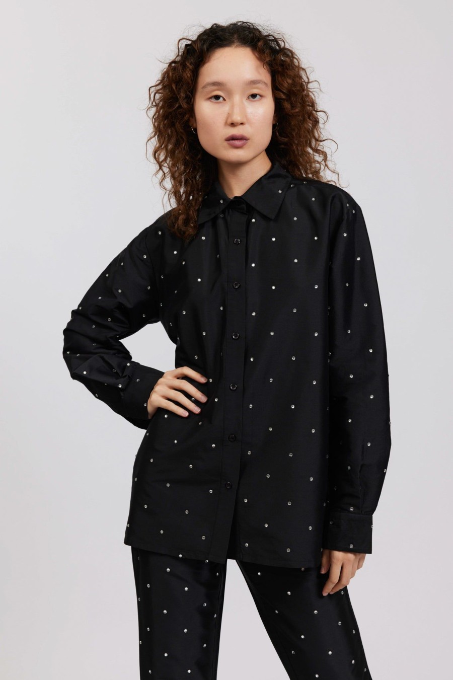 Women Batsheva | Oversized Button Up In Rhinestone Black