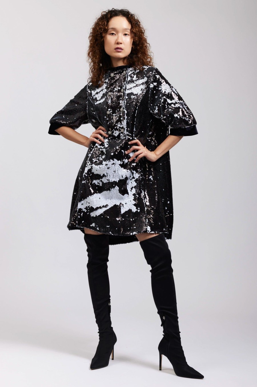 Women Batsheva | Beray Coat Dress In Black And White Flip Sequin Multi