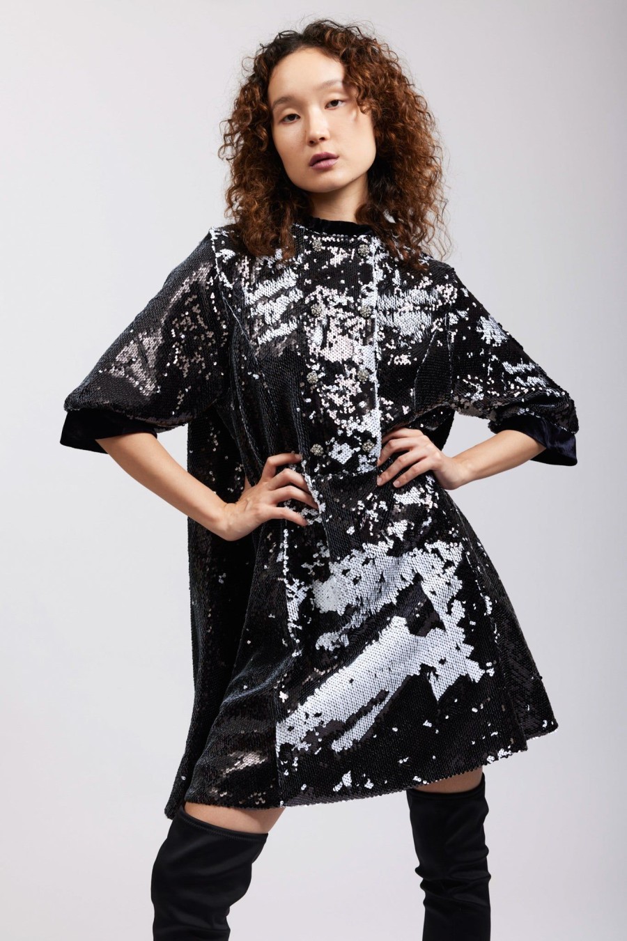 Women Batsheva | Beray Coat Dress In Black And White Flip Sequin Multi