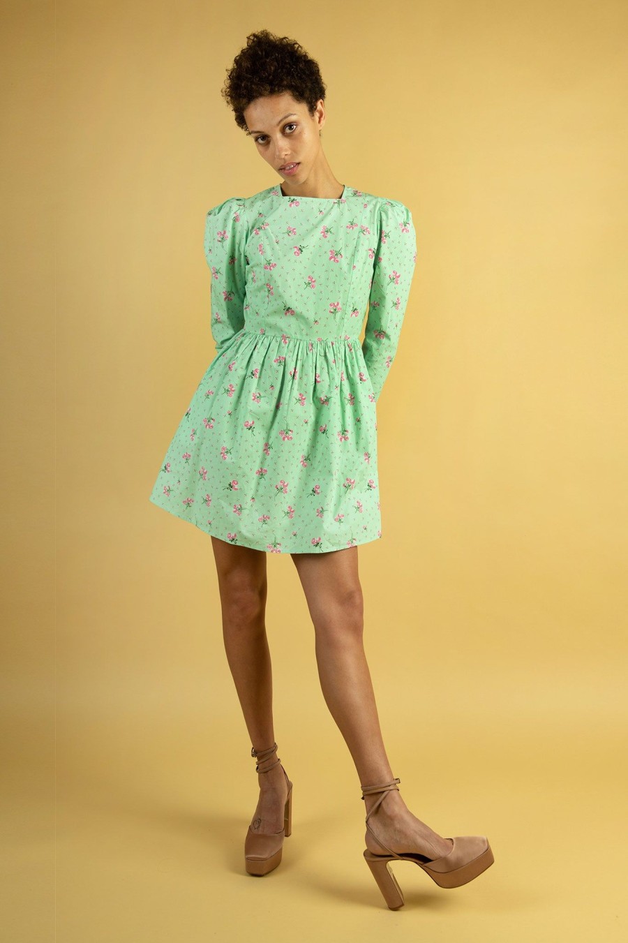 Women Batsheva | Square Neck Mini Prairie Dress In Mint Rose Green