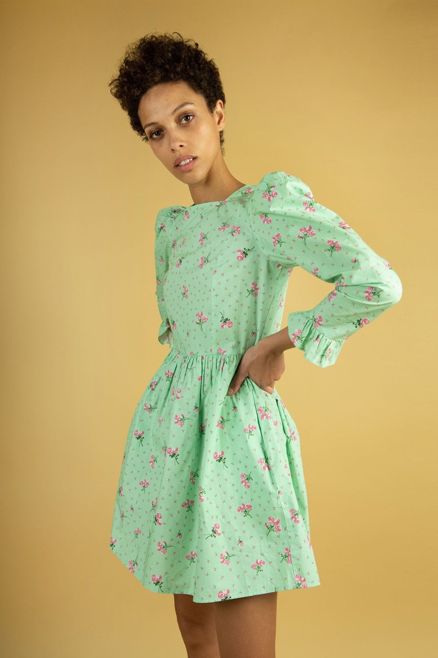 Women Batsheva | Square Neck Mini Prairie Dress In Mint Rose Green