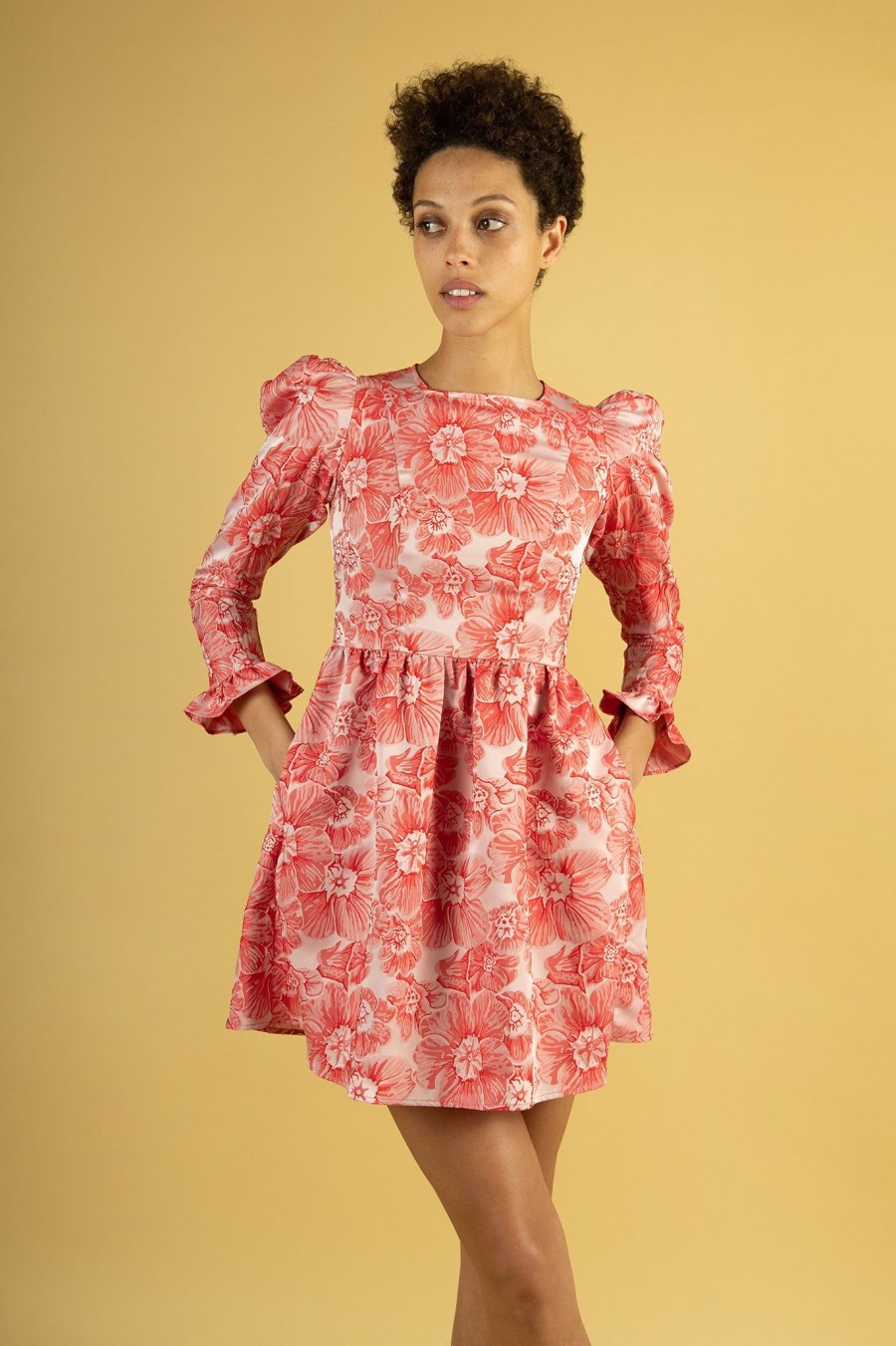 Women Batsheva | Square Neck Mini Prairie Dress In Carmine Jacquard Pink