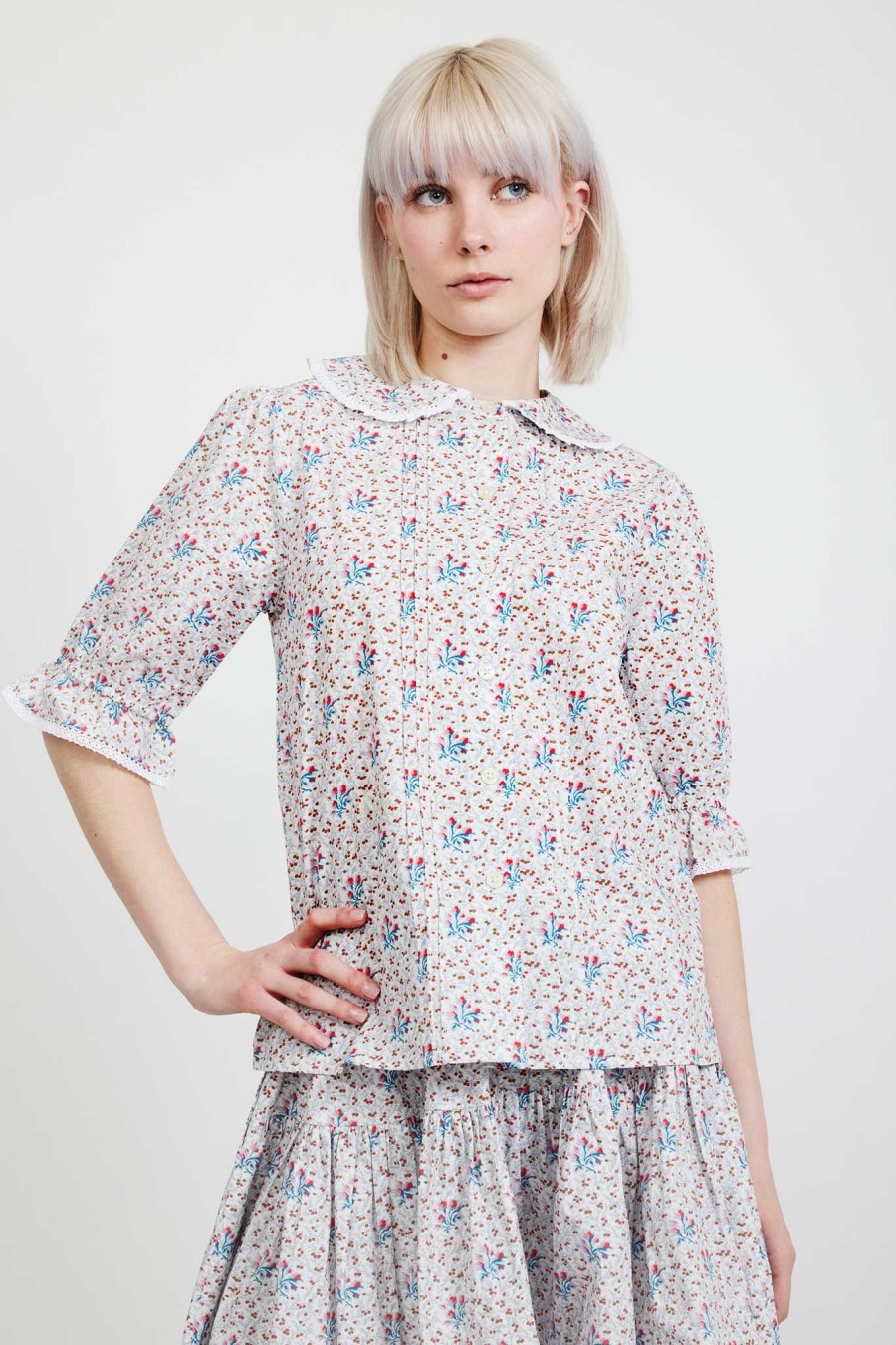 Women Batsheva | Laura Ashley X Batsheva Owenn Blouse In Duxford Pines Blue