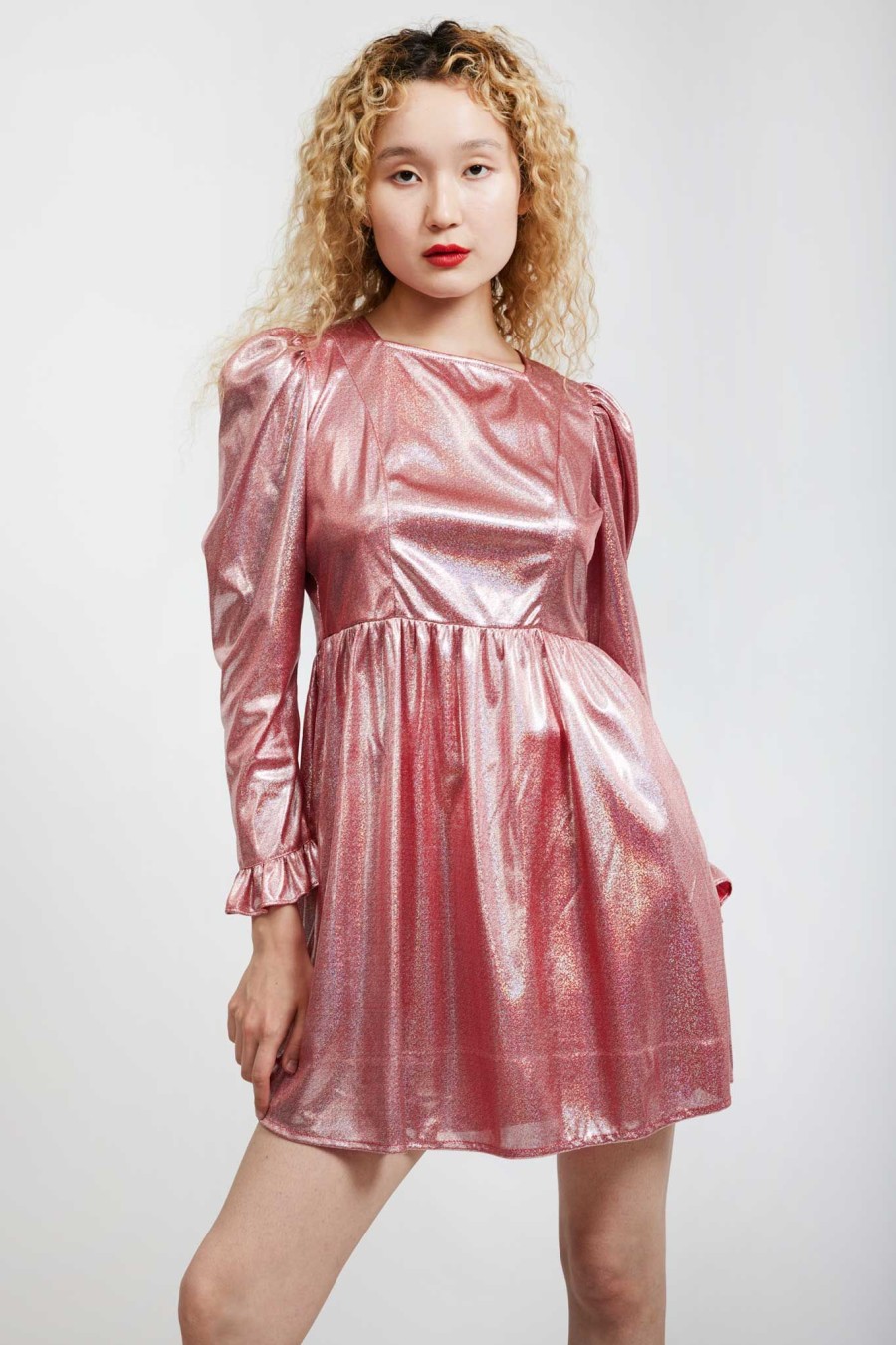 Women Batsheva | Square Neck Mini Prairie Dress In Ballerina Holographic Pink