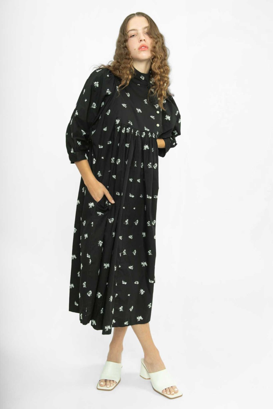 Women Batsheva | Smock Dress In Embroidered Poplin Black