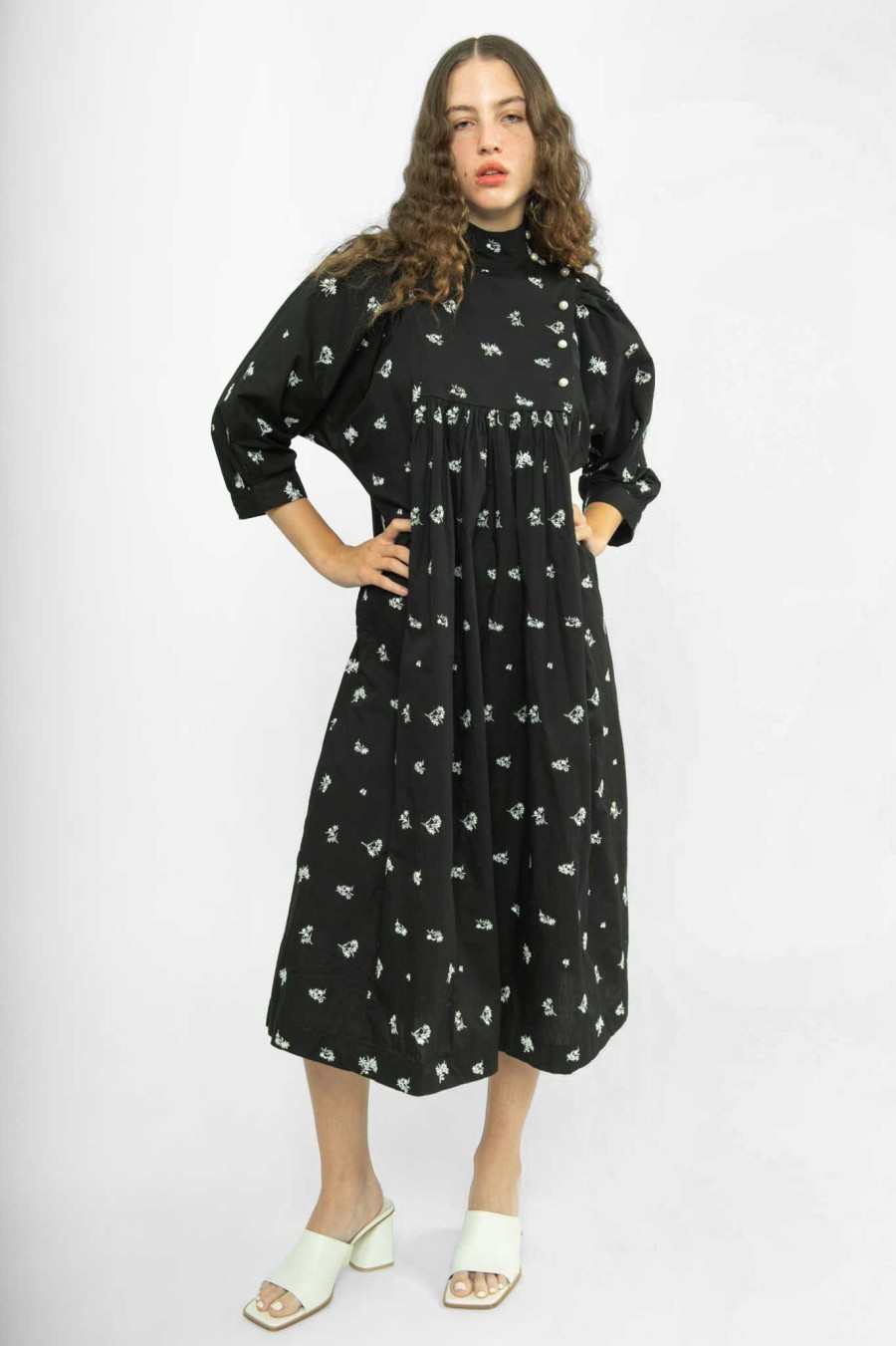 Women Batsheva | Smock Dress In Embroidered Poplin Black