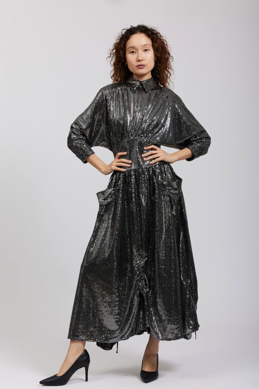 Women Batsheva | Goldie Dress In Sequin Silver