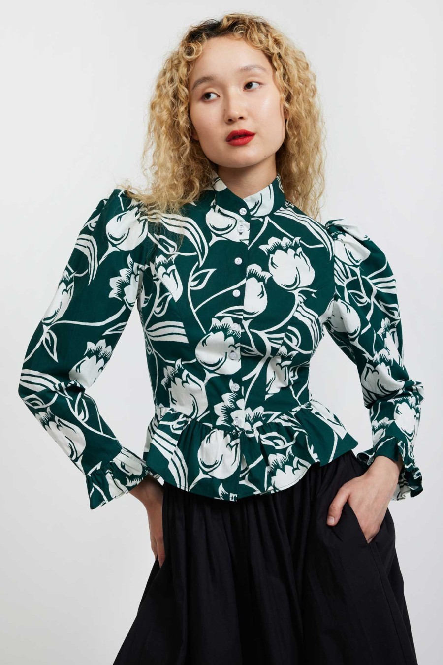 Women Batsheva | Grace Blouse In Forest Tulip Green