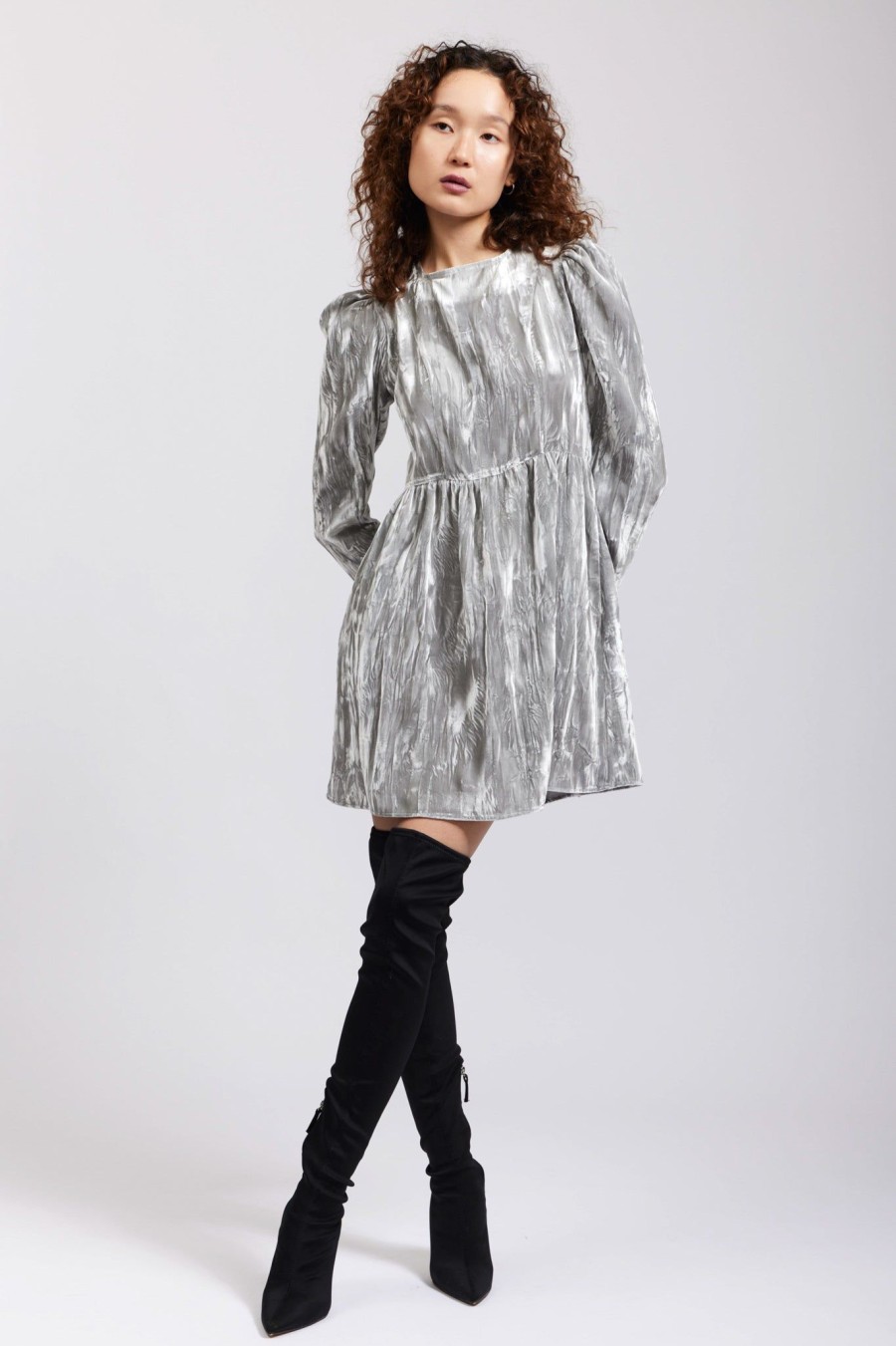 Women Batsheva | Square Neck Mini Prairie Dress In Crushed Velvet Silver