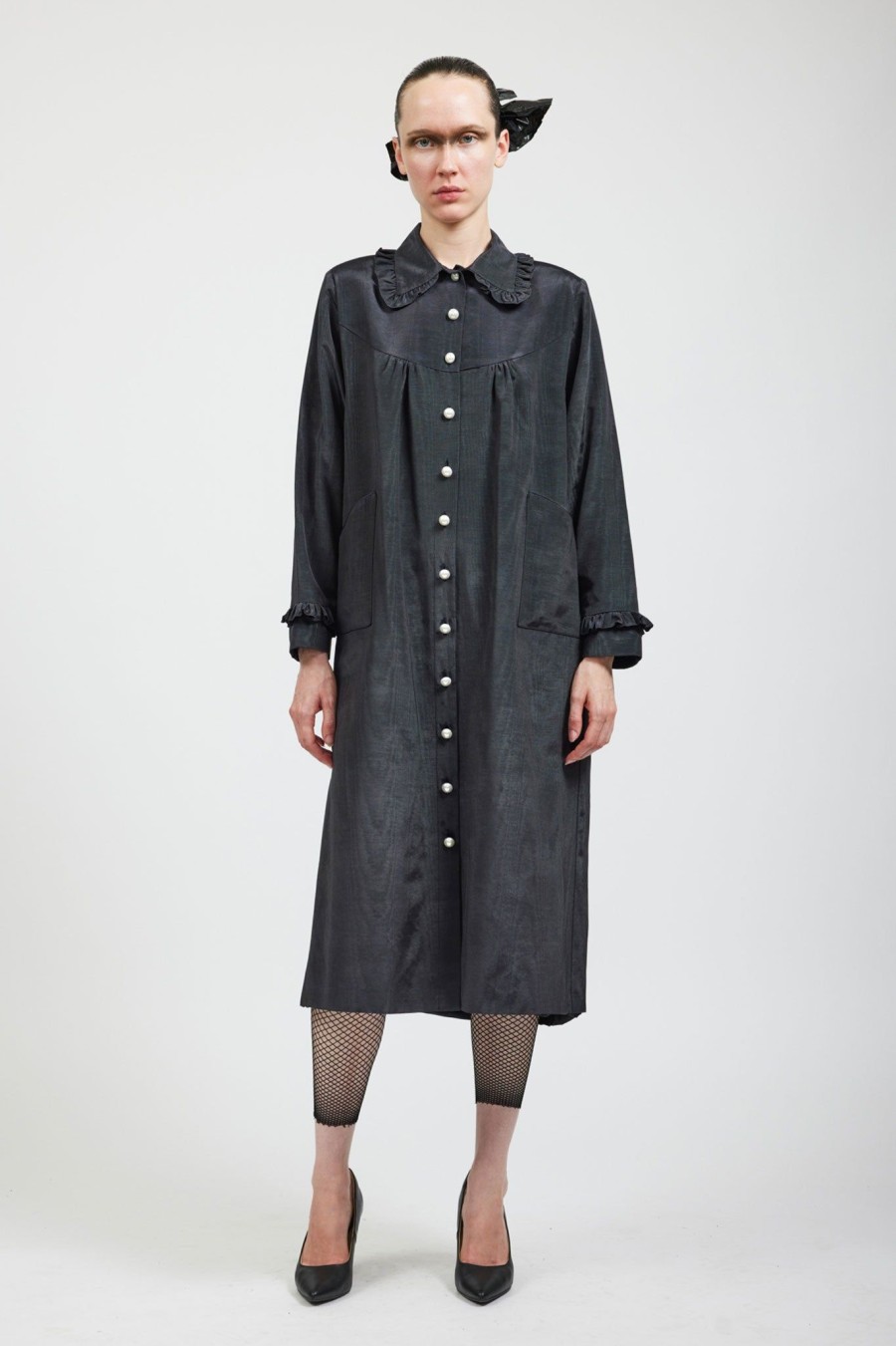 Women Batsheva | Ruffle Coat In Moire Black