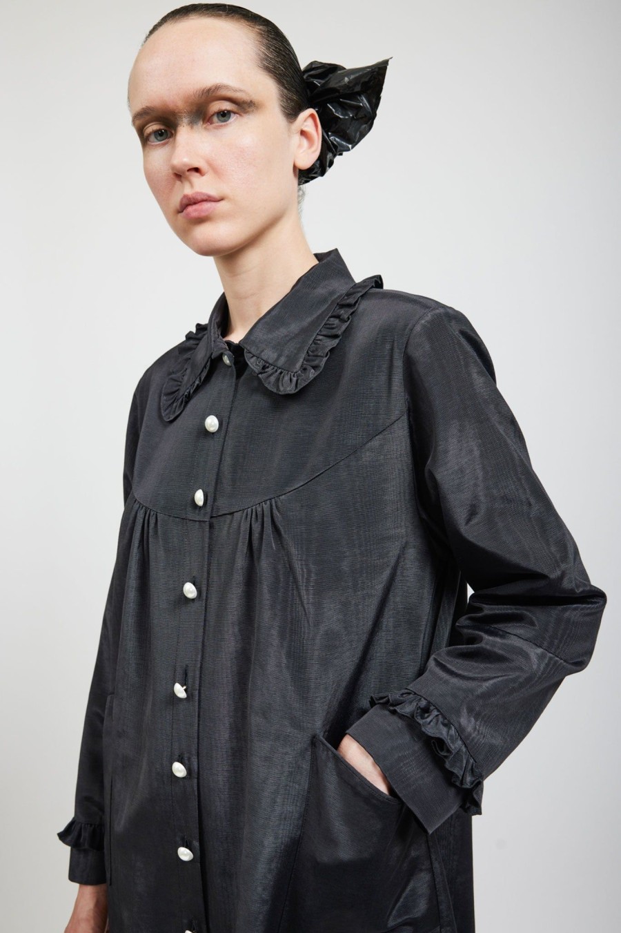 Women Batsheva | Ruffle Coat In Moire Black